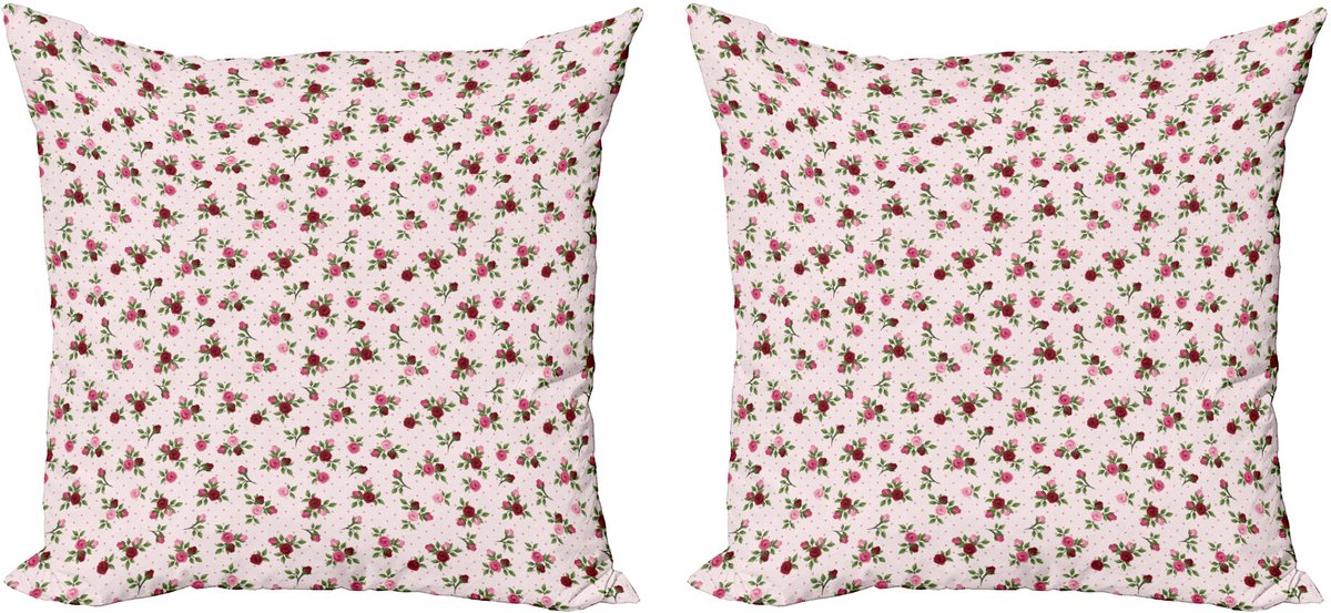 ABAKUHAUS Bloemen Sierkussenhoes Set van 2, Rozen-Blumenstrauß op Tupfen, Modern Accent Dubbelzijdige Digitale Print, 40x40, Roze Burgunder en Groen
