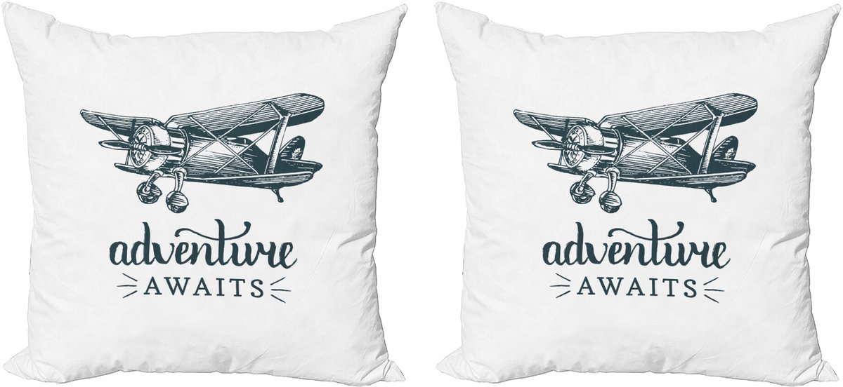 ABAKUHAUS Das Avontuur wartet Sierkussenhoes Set van 2, Retro-Flugzeug en Worte, Modern Accent Dubbelzijdige Digitale Print, 50x50, Dunkel Petrol Blauw en Wit