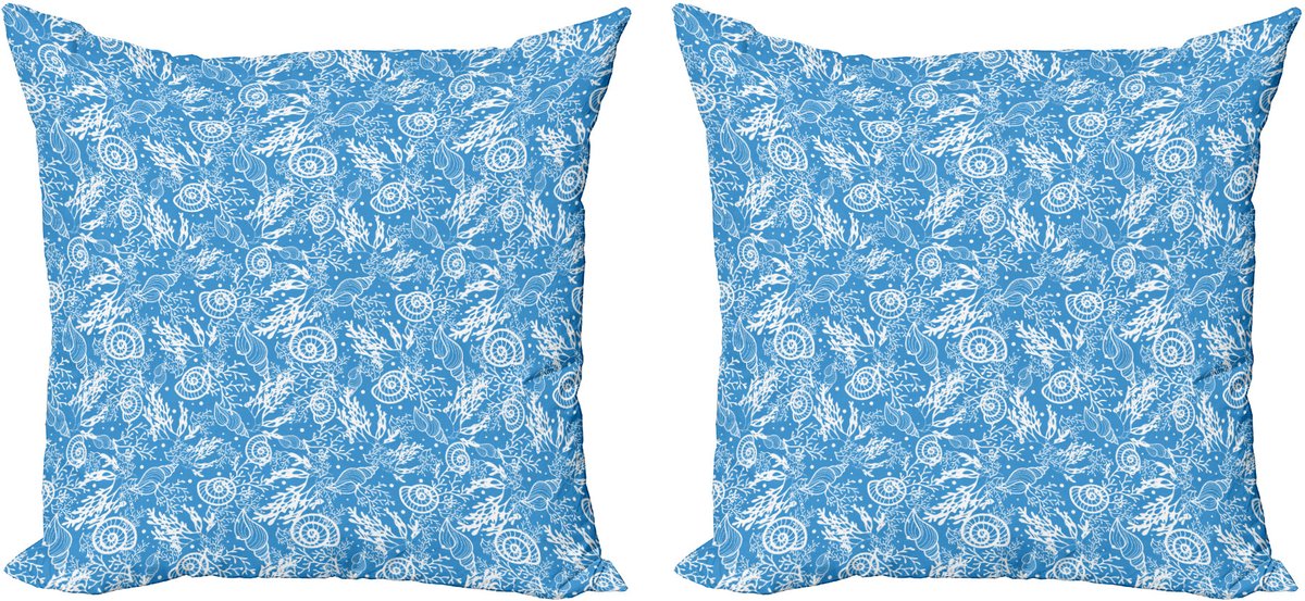 ABAKUHAUS Oceaan Sierkussenhoes Set van 2, Monochroom Shells Corals, Modern Accent Dubbelzijdige Digitale Print, 50x50, Azure Blauw Wit