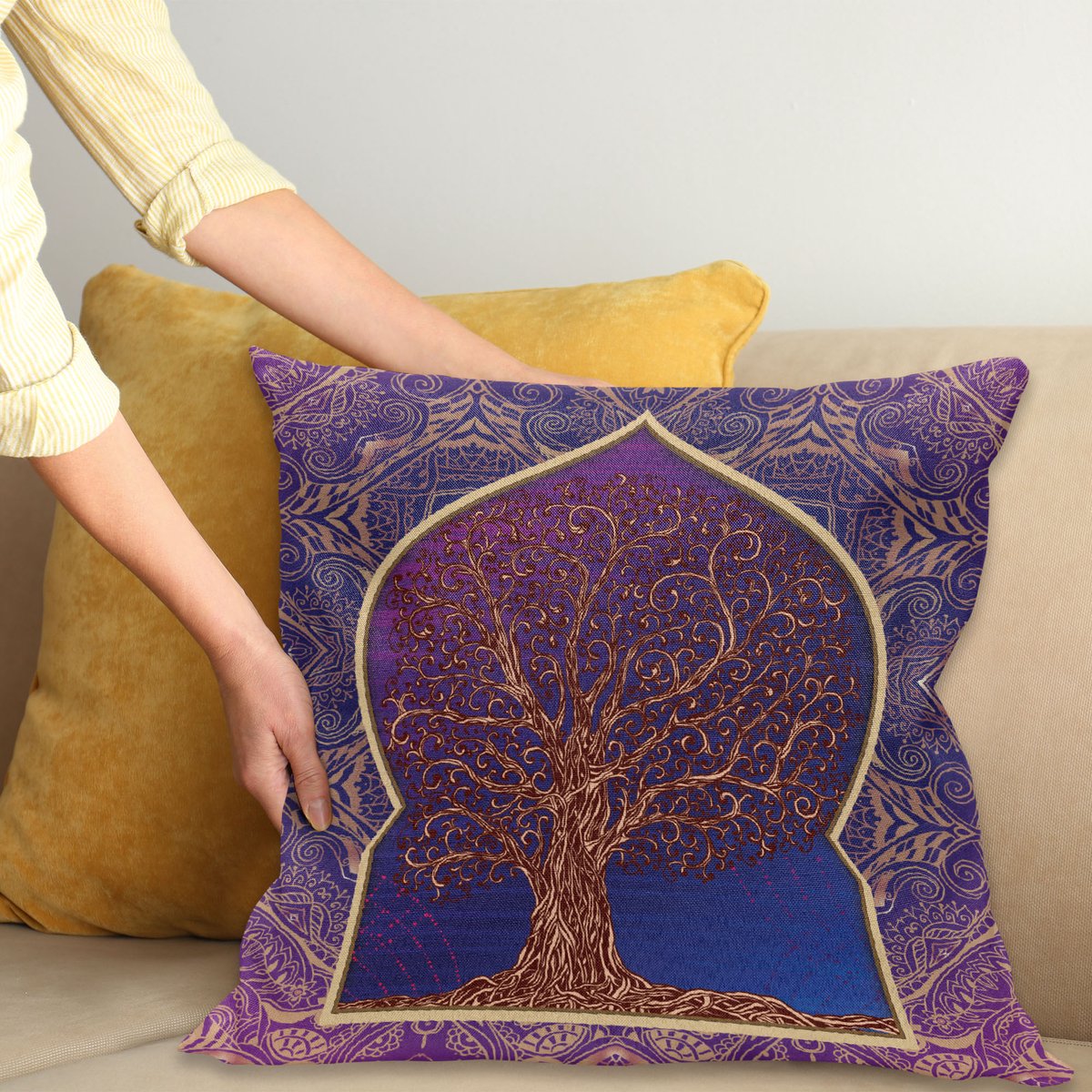 ABAKUHAUS Etnisch Kussenhoes, Retro Oosters Branchen, Wasbare Sierkussenhoes voor Binnen/Buiten, Dubbelzijdige Print met Ritssluiting, 45 x 45 cm, Lila Blauw