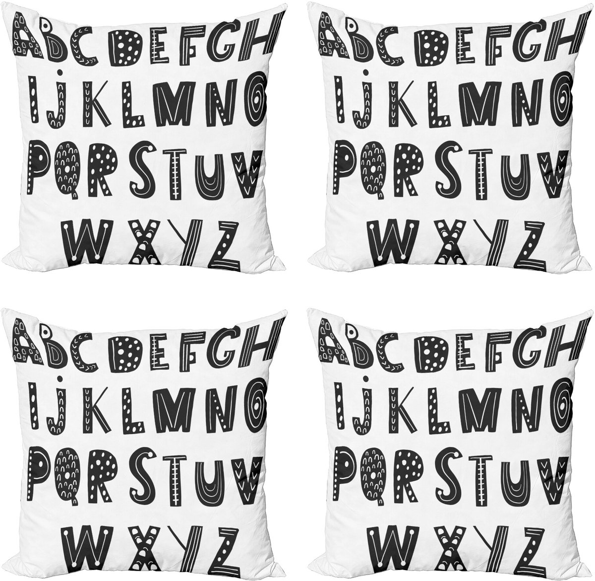 ABAKUHAUS Alphabet Sierkussen Kussenhoes 4er Set, Compositie Modern Letters, Modern Accent Dubbelzijdige Digitale Print, 45 x 45 cm, Houtskool Grijs en Wit