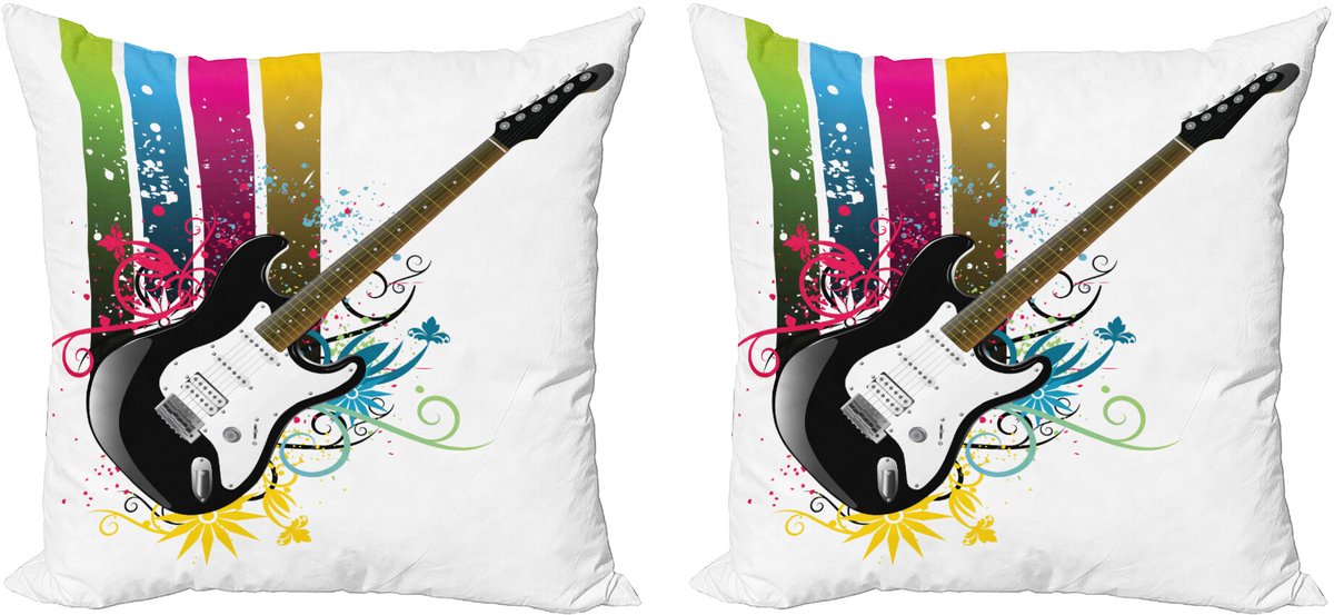 ABAKUHAUS Gitarre Sierkussenhoes Set van 2, Bass Bloemen Kleurrijk, Modern Accent Dubbelzijdige Digitale Print, 40x40, Meerkleurig