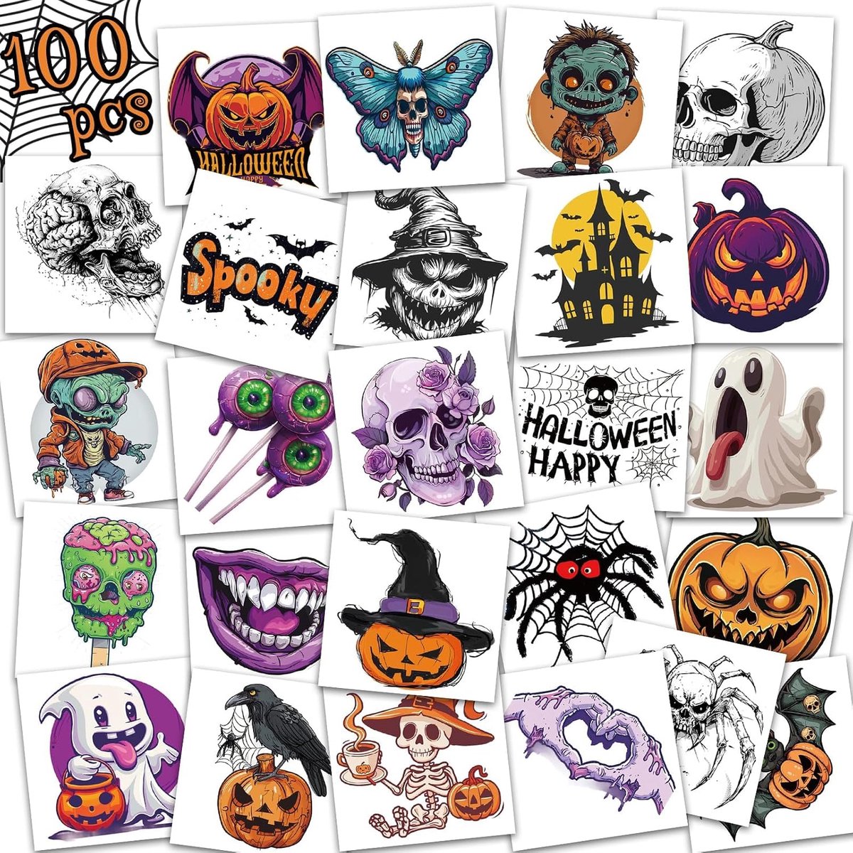 stickers Halloween decoratie, 100 stuks tijdelijke tatoeages kinderen Halloween, tattoo stickers pompoen, waterdichte terror, feestartikelen