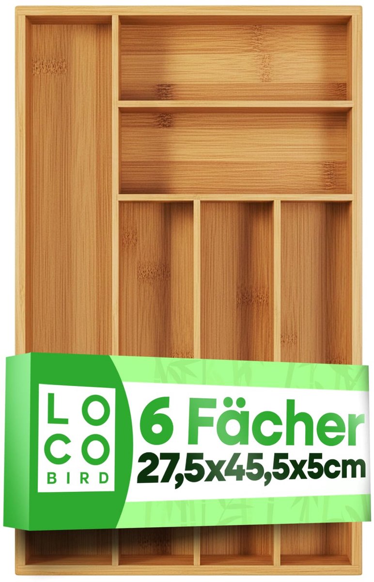 Famanu – Bestekbak van bamboe, 6 vakken, 27,5 x 44,7 x 5 cm, verstelbare bestekbak voor laden, bestek-organizer, keuken, hout, lade-inzet voor keuken, bestek organizer