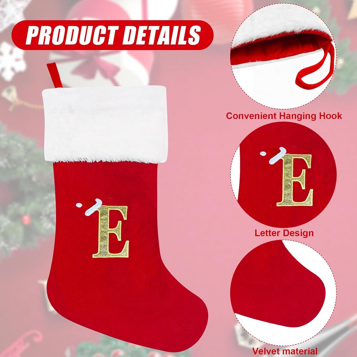 Kousen 50 cm Gepersonaliseerde Kerstkous met Letter Groot Monogram Rood Kerstkousen met Naamlabel Pluche Hangende Kousen Cadeau Sok voor Kerstboomdecoratie Vakantie Ornament (E)
