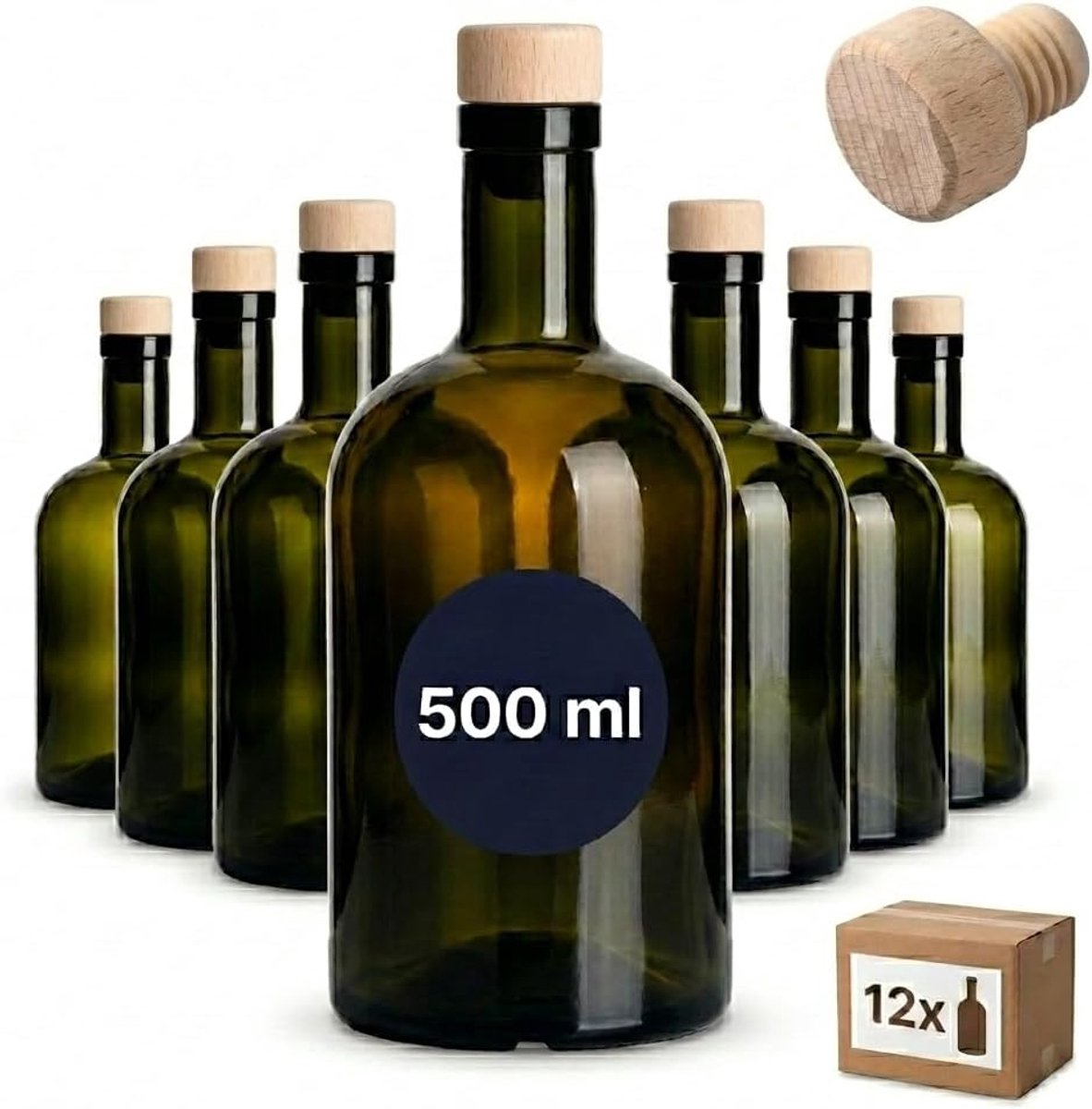 Flessen, 500 ml, klassiek antiek met kurk (HGK), lege fles, 0,5 l, van glas, om te vullen, glazen fles voor likeur, jenever, gin, olie, azijn (KFA500HGK)