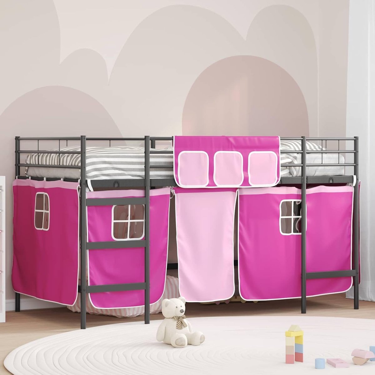 Frame met gordijnen speelhoek Zwart en Roze 90x201cm