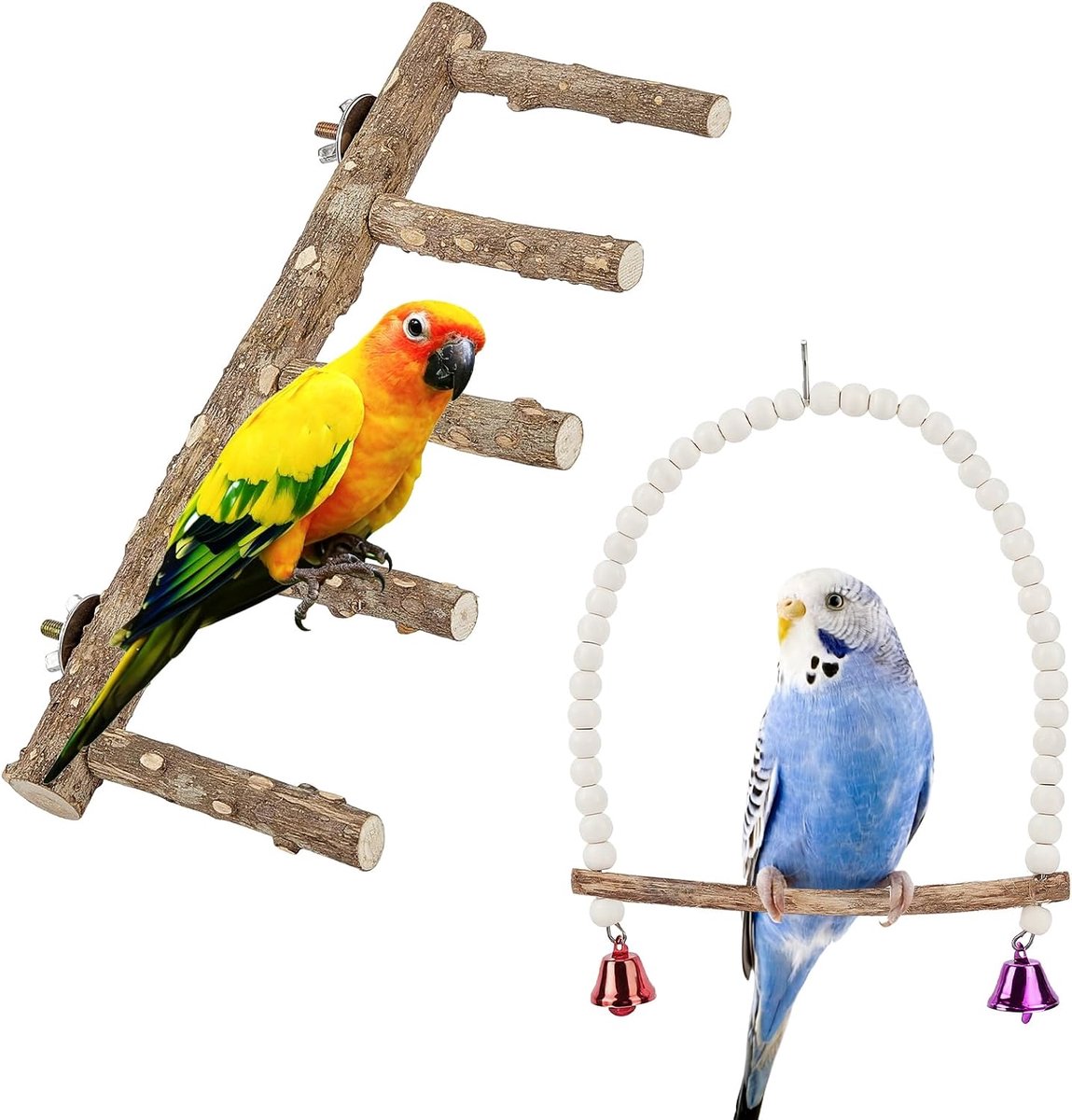 2-delige vogelladder zitstok & houten schommel met bel