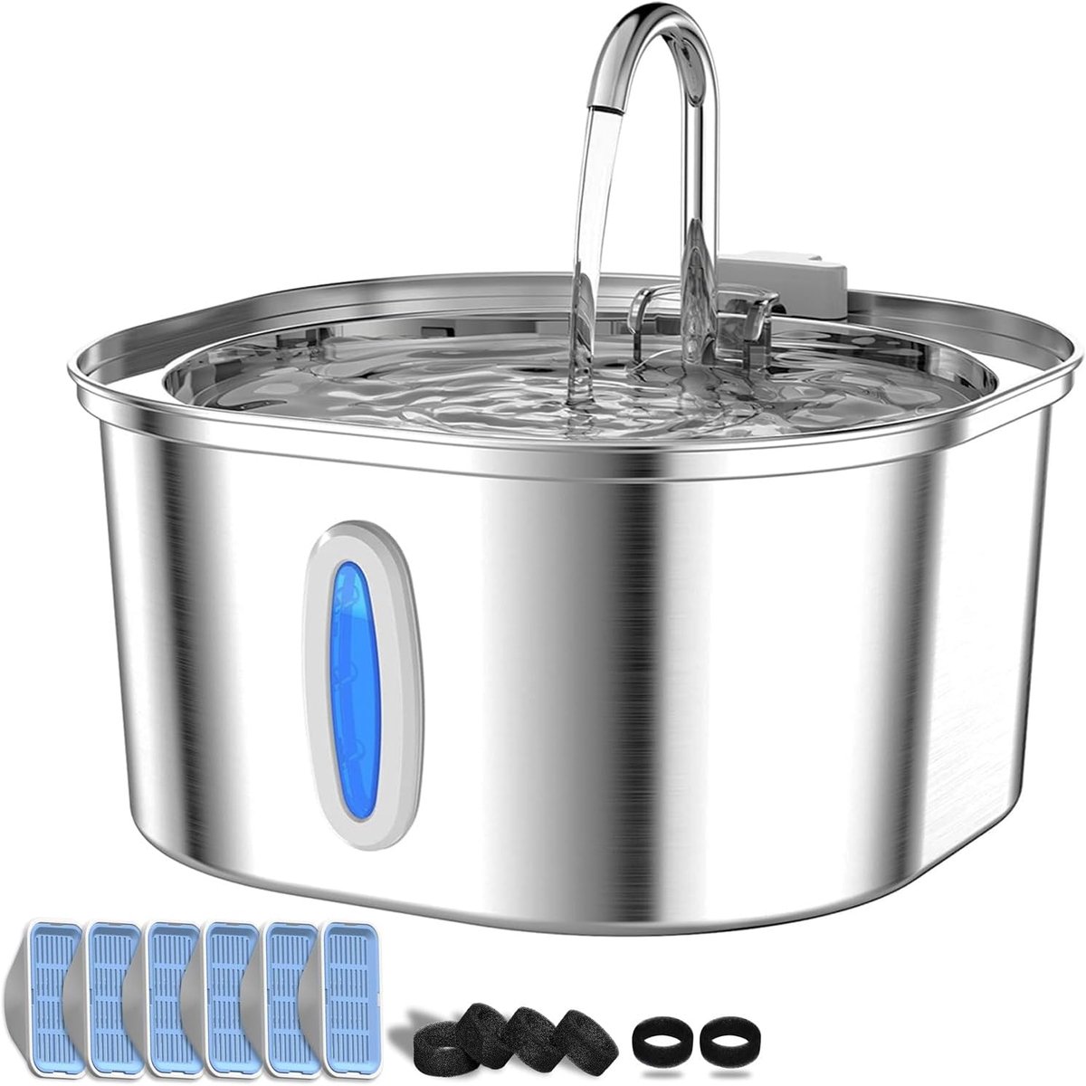 Waterfontein voor katten, 3,2 l/3,061,7 g, roestvrij staal, waterfontein voor katten binnenshuis, hondenfontein met waterniveauvenster en 6 filters + 6 sponzen