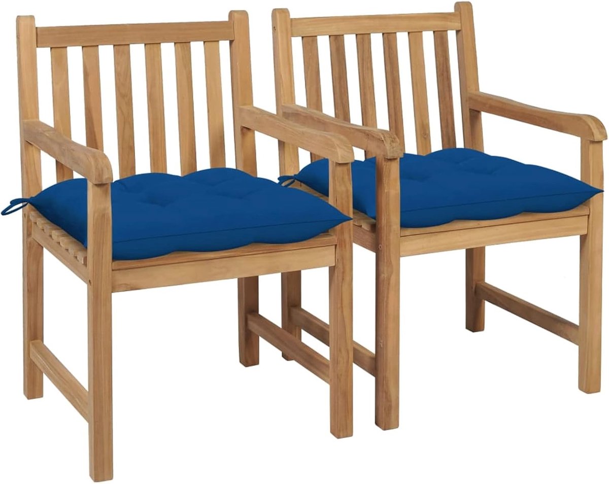 Set van 2 stoelen, eettafel, tuin, terras, met armleuningen, teakhout, met kussens, blauw, 58 x 60 x 90 cm, houten tuinstoelen
