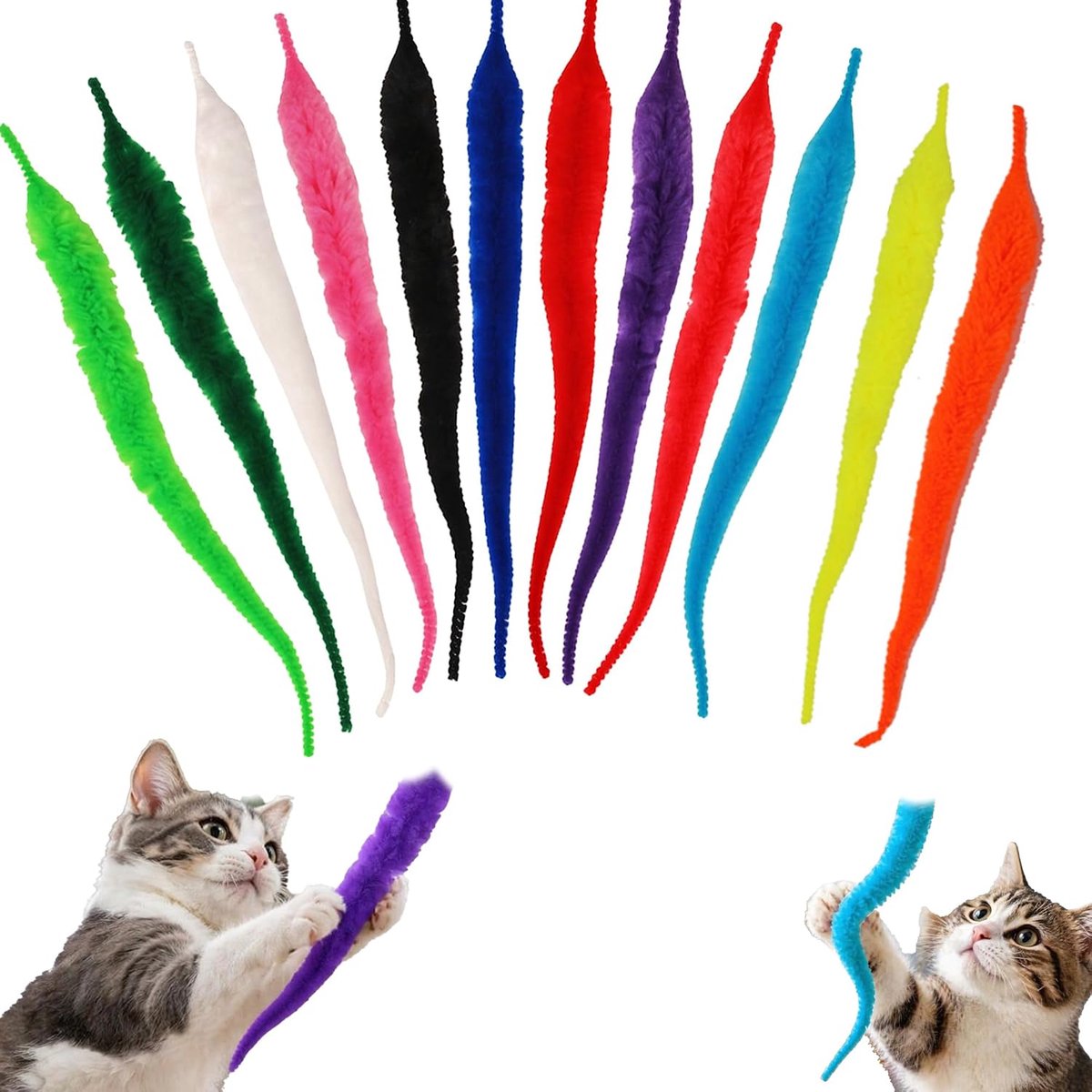 Set van 12 vervangende vullingen voor kattentoverstaf, verschillende kleuren harige rupswormspeelgoed, interactieve huisdierspeelaccessoires voor kittens en volwassen katten