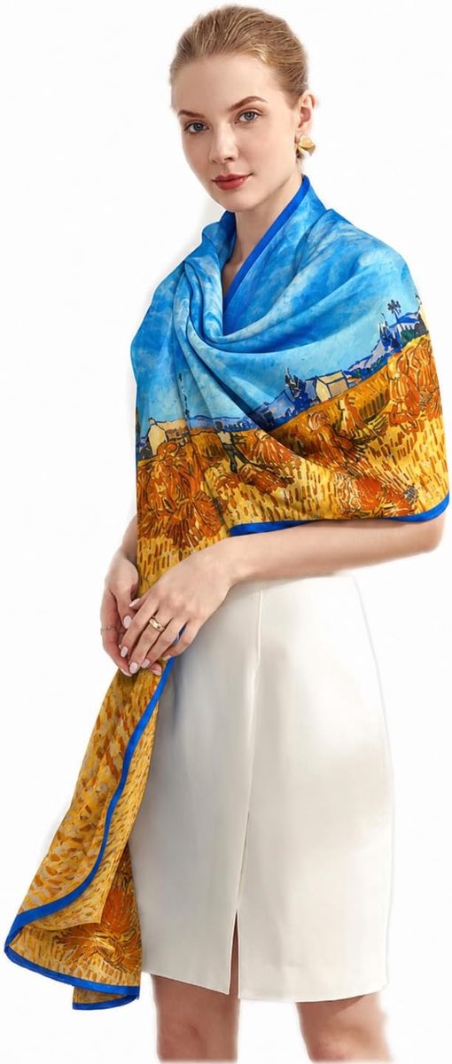 zijden stola blauw XXL oversized van Gogh amandelboomtakken