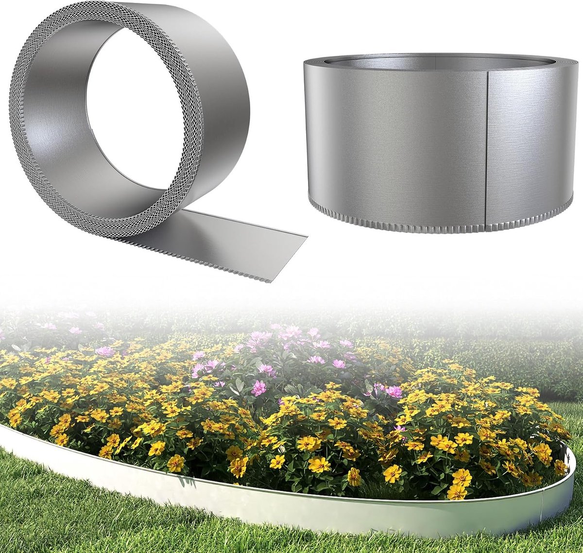 Gazonrand, 20 m, metaal, 15 cm hoog, verzinkt, 0,6 mm dik, flexibele gazonrand met vertanding en sponning, ideaal als maaierrand, perkbegrenzing of boomring, voor een stabiele tuinafbakening