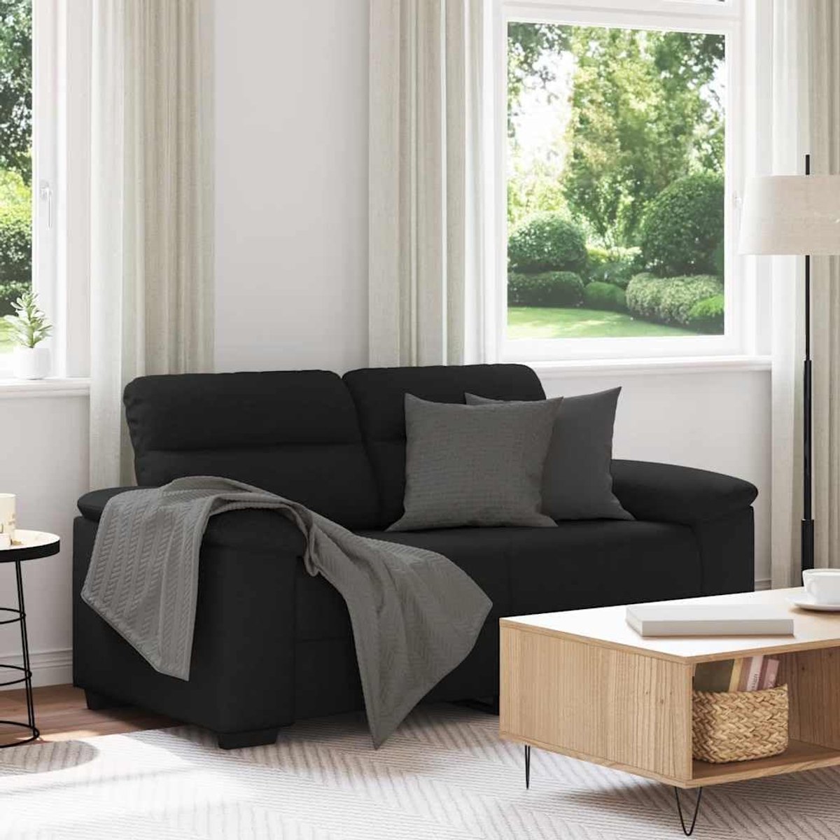2-zitsbank, zwart, van duurzame stof met robuust houten metalen frame en brede armleuningen, woonkamer of kantoor