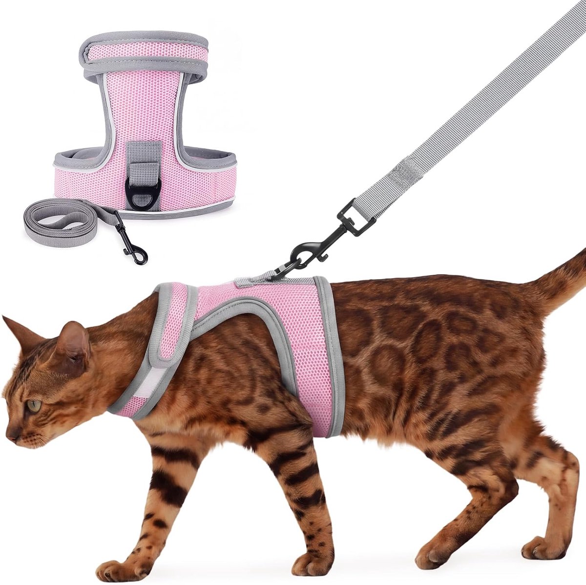 Set met kattenharnas en riem, verstelbaar ademend gaasvest om te wandelen