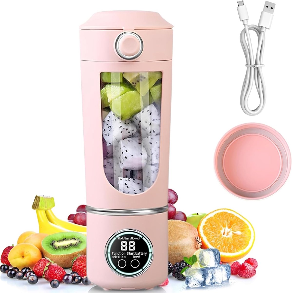 Mixer, 700 ml blender, smoothie, mini-blender met 12 roestvrijstalen messen en digitaal display, oplaadbare shakes en smoothie-maker, kleiner voor reizen, keuken, kantoor, fitness (roze)
