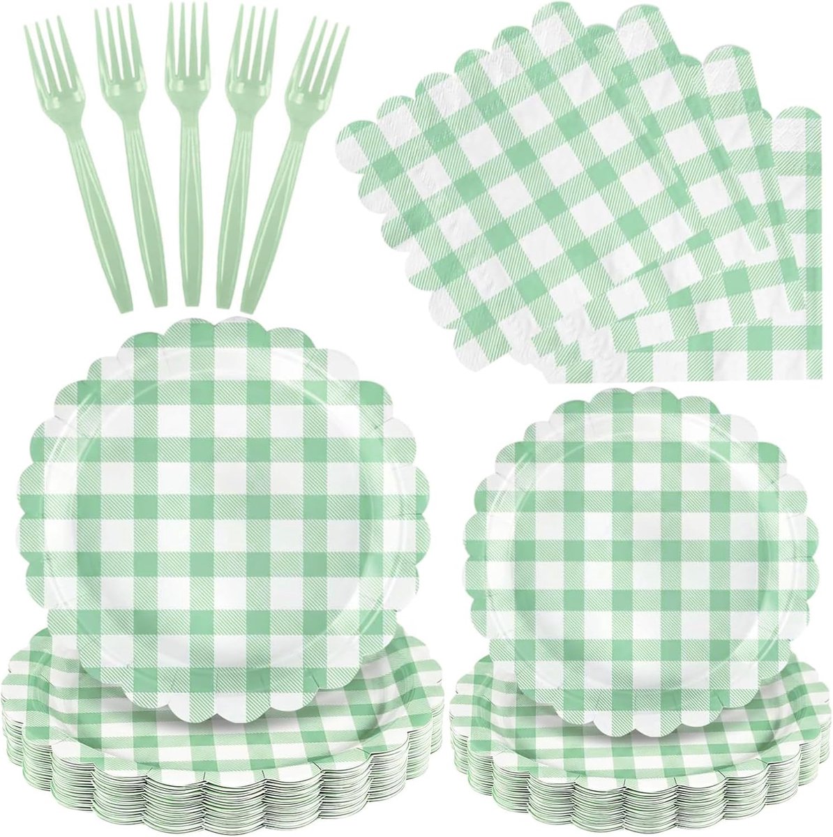 Pappieren servetten en borden voor kinderfeestjes, 100-delig, groen geruit, wegwerpset