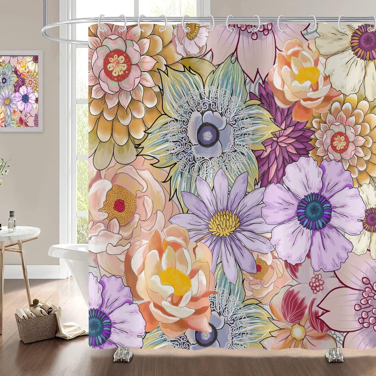 Douchegordijn, boho-bloemen, 180 x 180 cm, Boheemse bloemen, kleurrijke douchegordijnen, vintage, bloesem, esthetische kunst, badgordijn, waterdichte stof, wasbaar badgordijn voor badkamer met