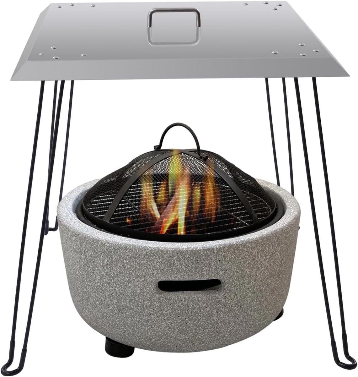 Vierkante vuurkorf, warmtestuur, duwt warmte naar beneden en uit, roestvrij staal, inklapbare handgreep, pop-up design voor tuin- of patio-putten, 61 x 61 cm, zilver