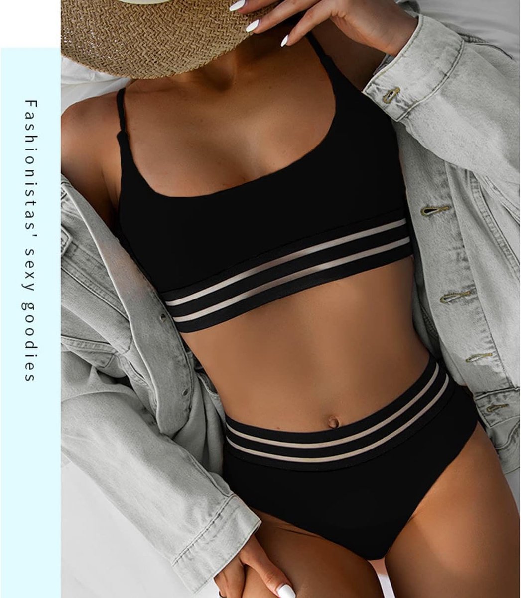 Hoge taille sport bikini set kleurblok badpakken gewatteerde retro mesh bodem badmode twee stukken zwemmen kostuum verstelbare riem badpakken Zwart M