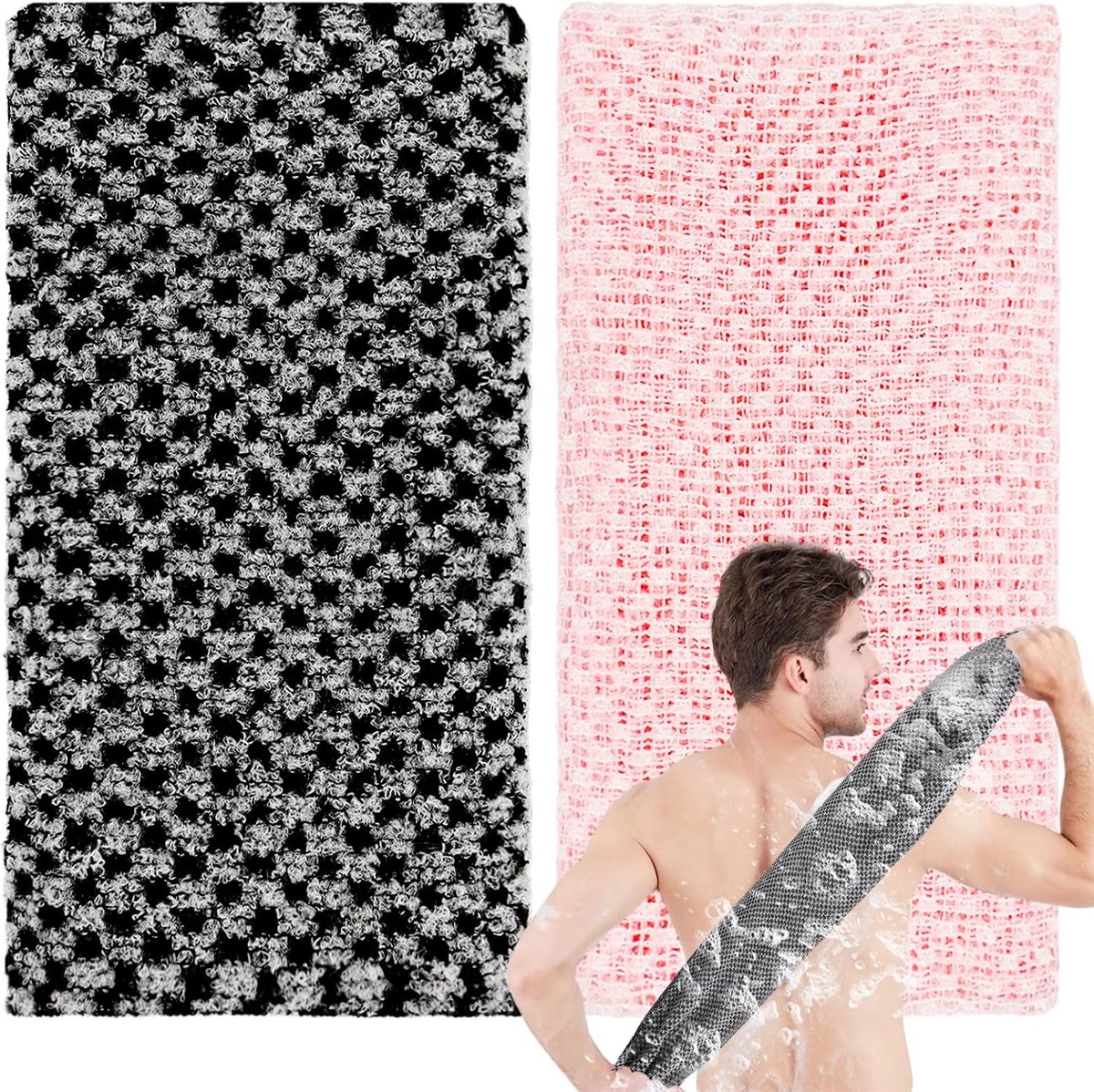 exfoliërende handdoek, 2-delig extra lang exfoliërend washandje, exfoliatie bodyscrub, loofah rugscrubber, voor mannen en vrouwen, lichaamsschrobber, loofah exfoliator (zwart, roze)