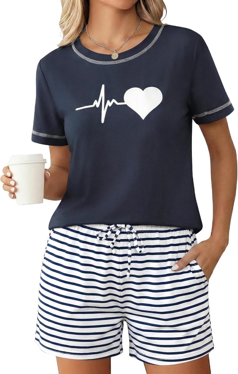 korte pyjamaset van katoenmix, zomernachtkleding, tweedelig met printmotief, shirt met korte mouwen en shorts, loungewear set voor vrouwen