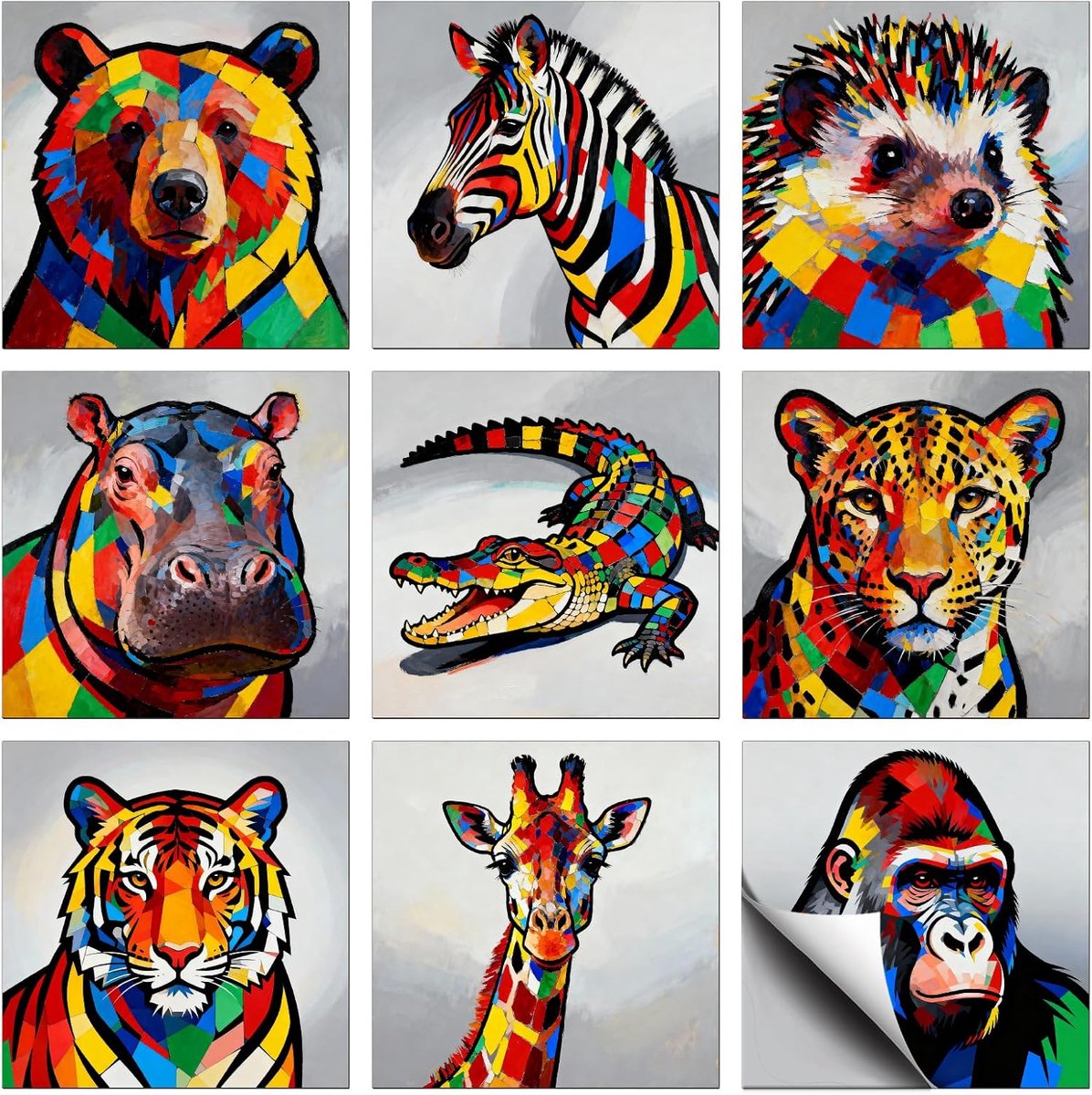 36 Stuks 9 Stijlen Artistieke Dierenportretten Giraffe Zebra Patroon Afpelbare en Zelfklevende Tegelstickers, voor Keuken Badkamer Huis Muurkunst Decor 10 x 10 cm