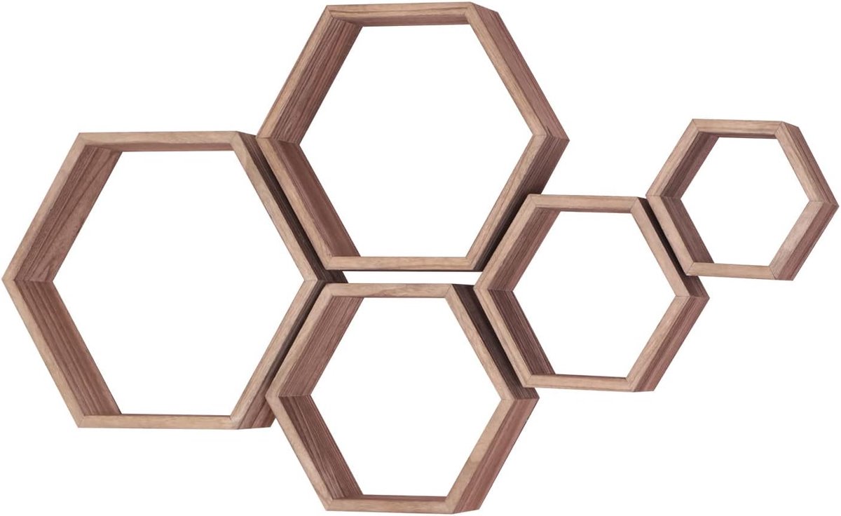 Set van 5, Zeshoekige Zwevende Planken, Houten Wandgemonteerde Zeshoekige Plank, Massief Houten Decoratieve Hangende Plank Voor Slaapkamer, Woonkamer, Kantoor(Koolzuurhoudend Zwart)