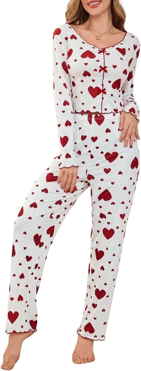 2-delig, zachte pyjamaset met lange mouwen, met hartjespatroon, schattige loungewear, comfortabele nachtkleding, sleepwear, S-XL