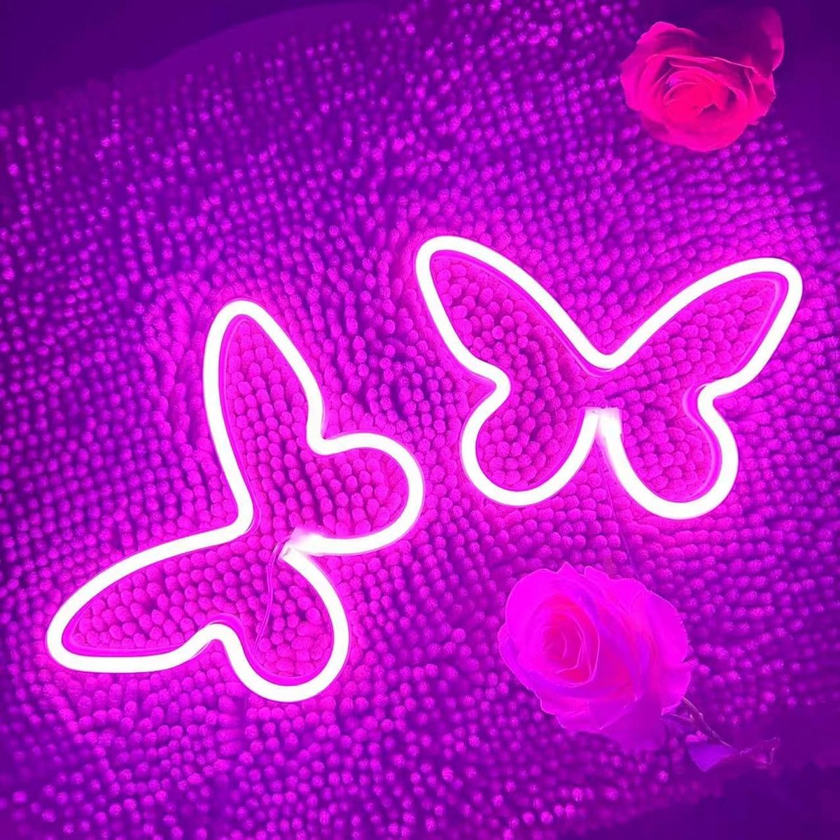 Neonborden voor muur kantoor slaapzaal bruiloft verjaardagsfeestje kamer decor, neon vlinder led borden vlinder decoraties voor tienermeisjes, USB of 3-AA batterij aangedreven, 2 stuks (roze)