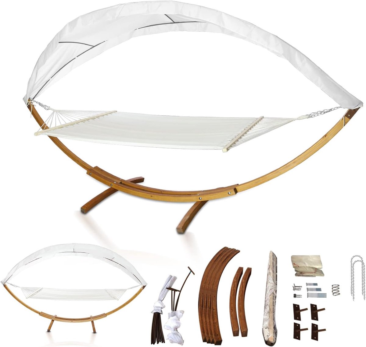 Hangmat XXL met frame en zonnedak 410 cm, ligoppervlak 200 x 150 cm, hangmat van weerbestendig larikshout tot 200 kg, staafhangmat voor 2 personen, voor binnen en buiten