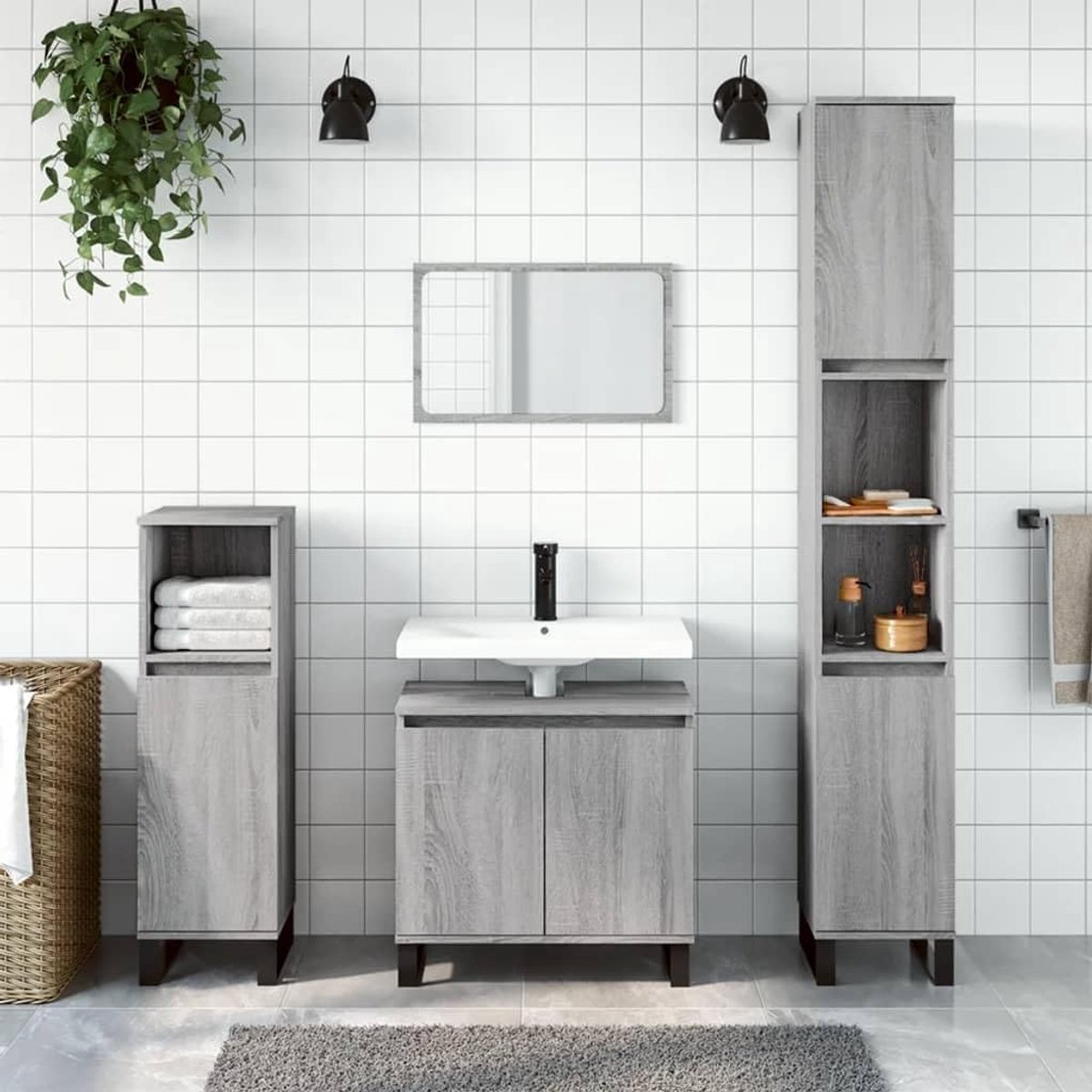 Grijs Sonoma 30 x 30 x 190 cm houtmateriaal met 4 deuren en 2 open vakken, flexibele deurinbouw links of rechts, ijzeren poten voor stabiliteit, badkamerkast