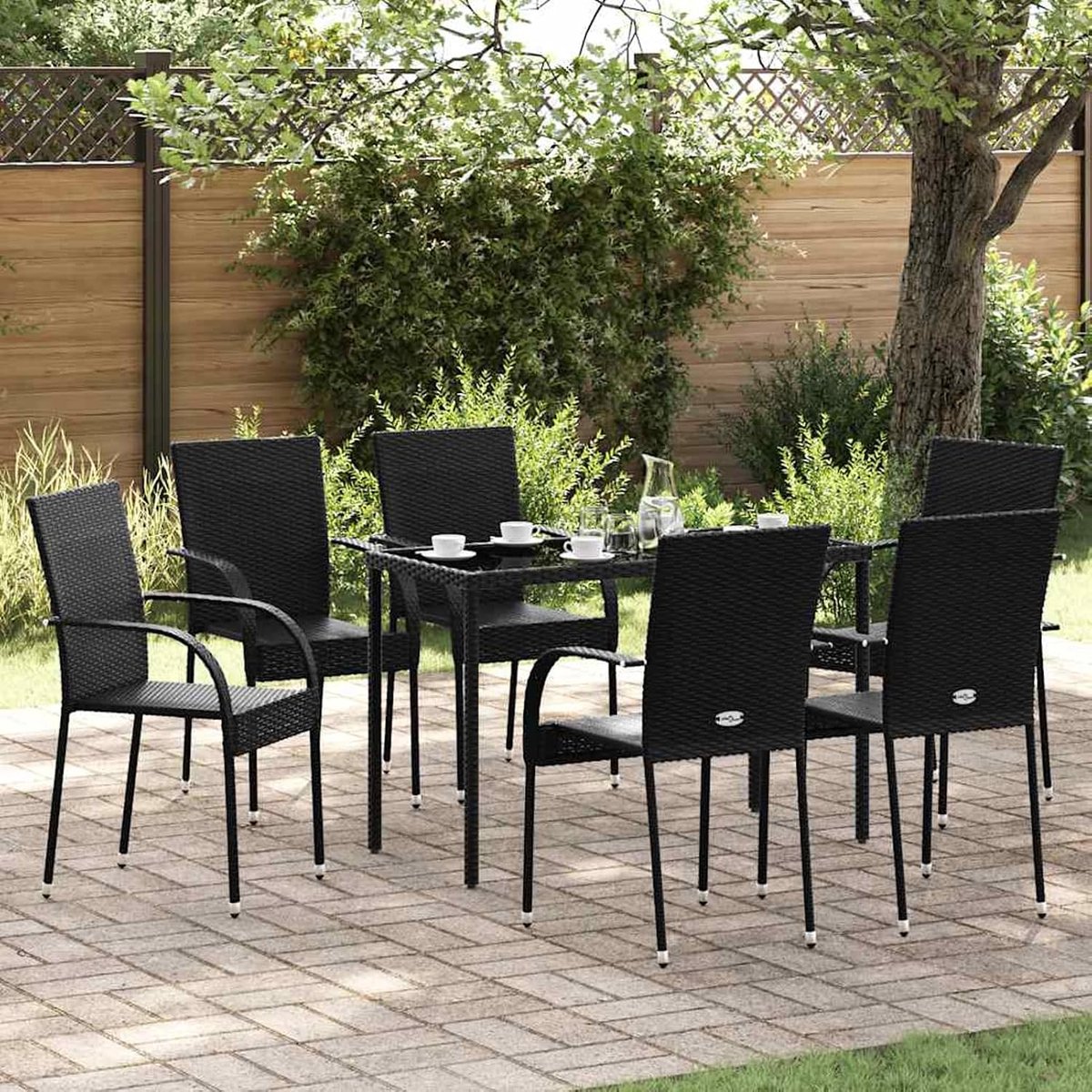 Tuinstoelen, 6 stuks, tuinstoelen, stapelstoelen, stoelen van PE-rotan, gepoedercoat staal, eetkamerstoelen, campingstoelen, eetstoelen, 55,5 x 53,5 x 95 cm (b x d x h), zwart
