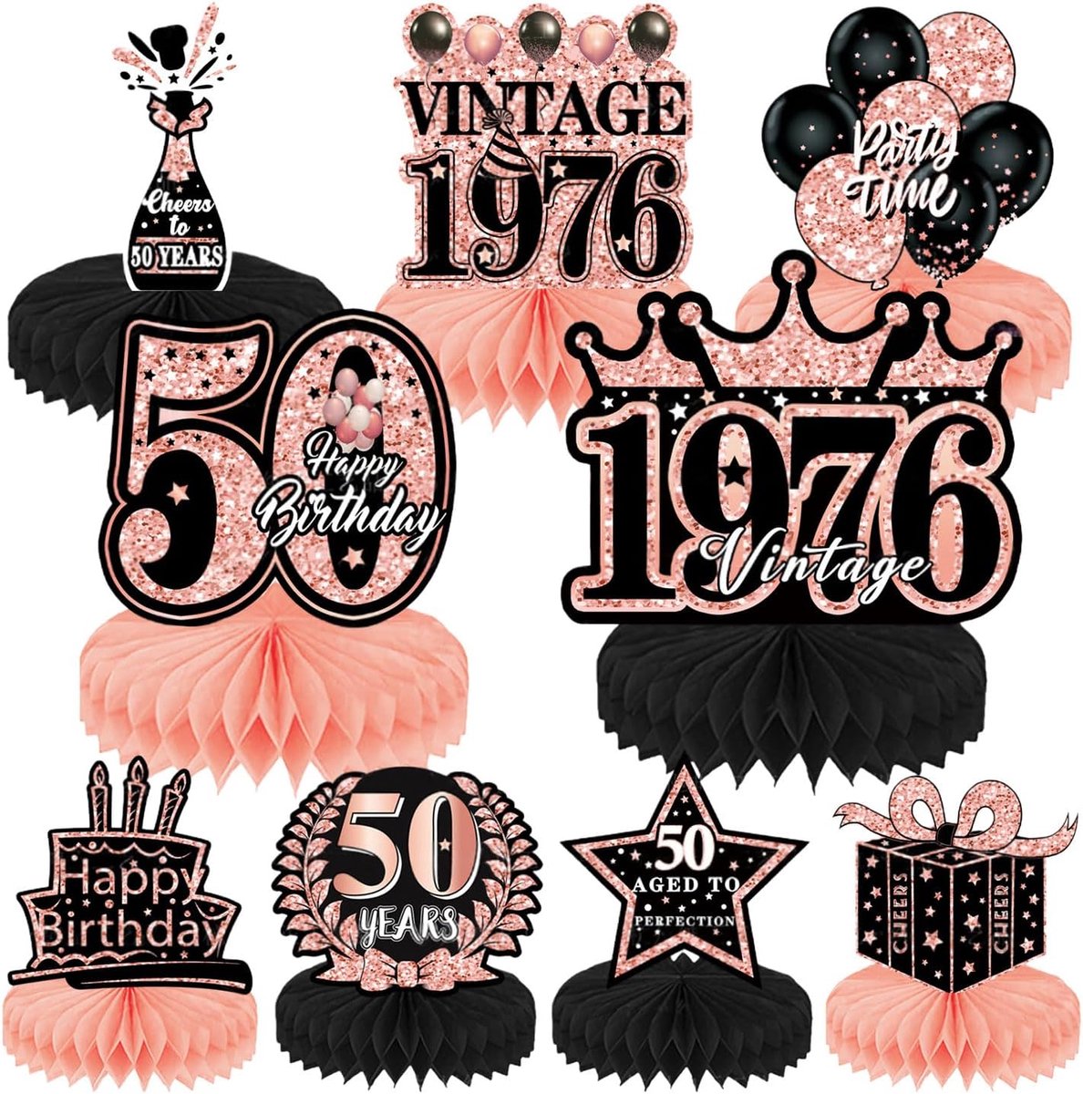 9 Stukken Decoraties Voor De 50ste Verjaardag Honingraat Centra Voor Vrouwen, Roségoud Roze Gelukkig Vijfde Decennium Tafeldecoratieartikelen, Vintage 1976 Leeft