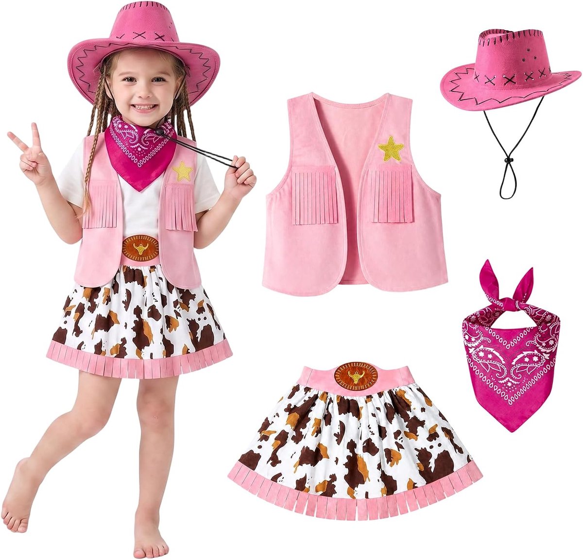 4-delige cowgirl-kostuum voor meisjes, westernkostuum voor kinderen, met cowgirl-jurk, rode bandana, vest en klassieke cowboyhoed voor carnaval, themafeest