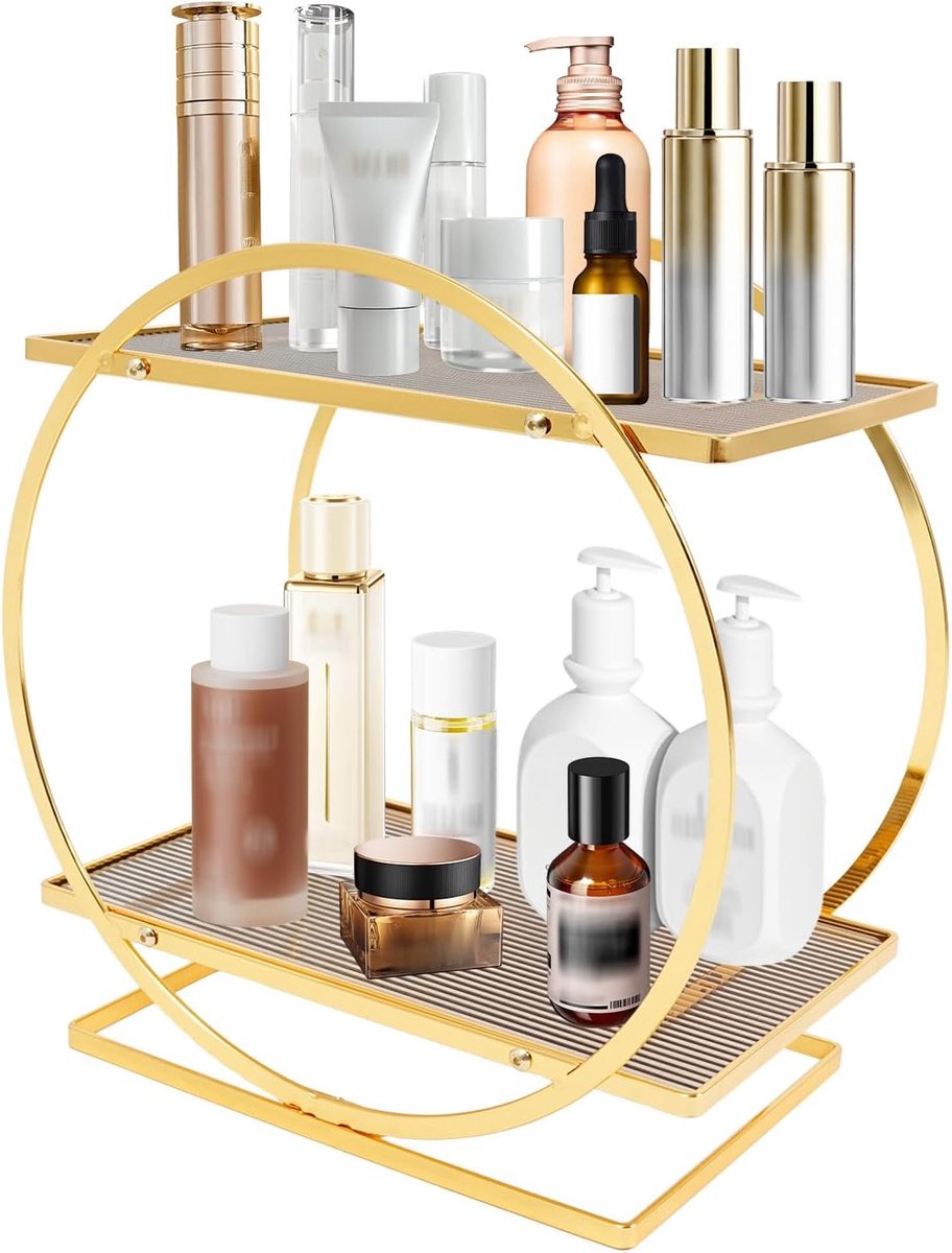 2 dieren-cosmetica-display-trays, 28 x 15,5 x 28,5 cm, organizer voor parfum, badkamer-make-up-organizer, slaapkamer, skinare, opbergdoos, beauty-opslag, vanity caddy rek (goud)