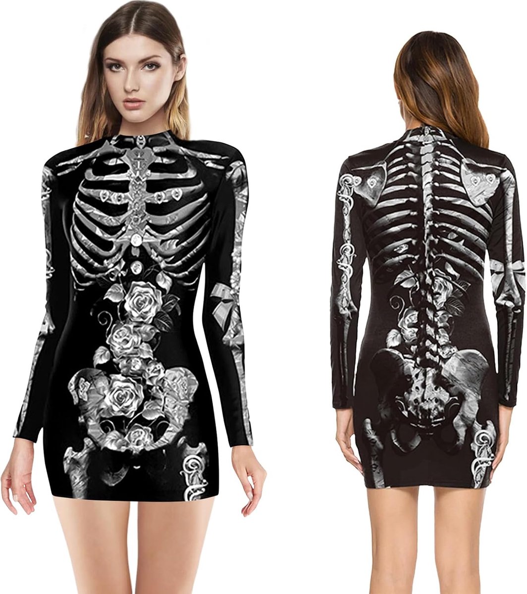 Skeletkostuum voor dames, Halloween-kostuum voor dames, griezelig skelet, damesjurk, carnavalskostuums voor cosplay, Halloween, carnaval, feestdecoratie