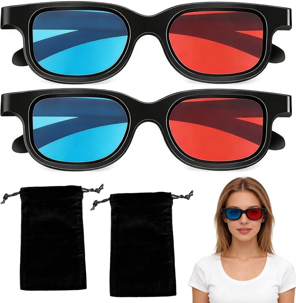3D bril rood blauw 2 stuks – Lichtgewicht anaglyph 3D brillen met opbergzakje – Geschikt voor 3D films, games, projecties – Zwart plastic frame voor thuisbioscoop