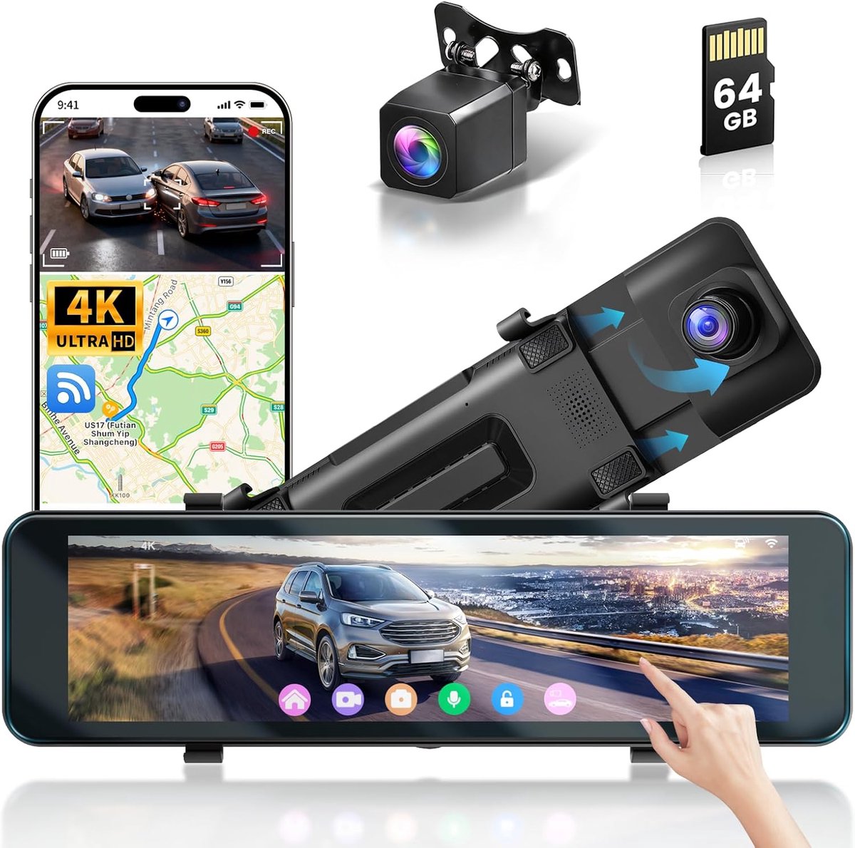 Dashcam met achteruitkijkspiegel, 4K voor en 1080p achter met 10,1 inch touchscreen, autocamera met GPS/64 GB-kaart, wifi, G-sensor, loop-opname, BSD, nachtzicht, parkeerbewaking