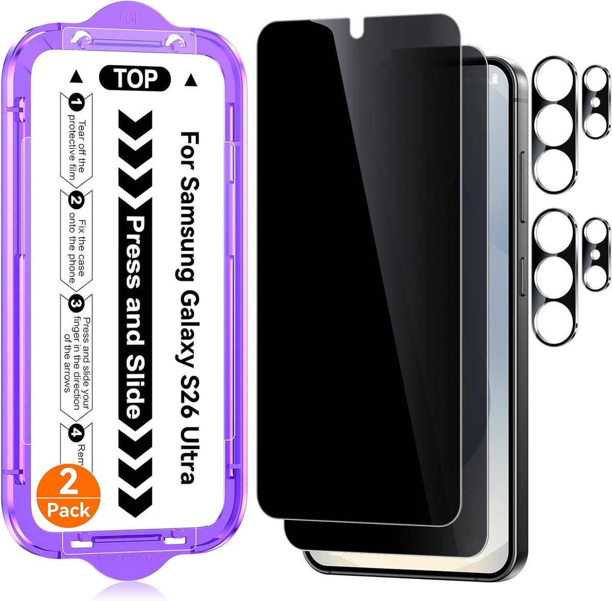 Voor Samsung Galaxy S26 Ultra Privacy Screen Protector – 9H Gehard Glas, Anti-Spy Privacy Screenprotector Film + Camera Lens Beschermers, Eenvoudige Auto-Alignment Installatiekit, 2 Stuks