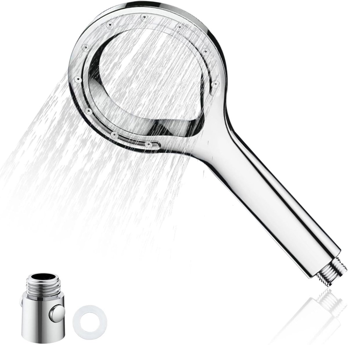 Handdouche douche ringvorm, waterbesparende douchekop zilver, hogedruk douchekop met afsluitventiel en afdichting, 1/2 inch aansluiting, voor thuis, hotel, slaapzaal