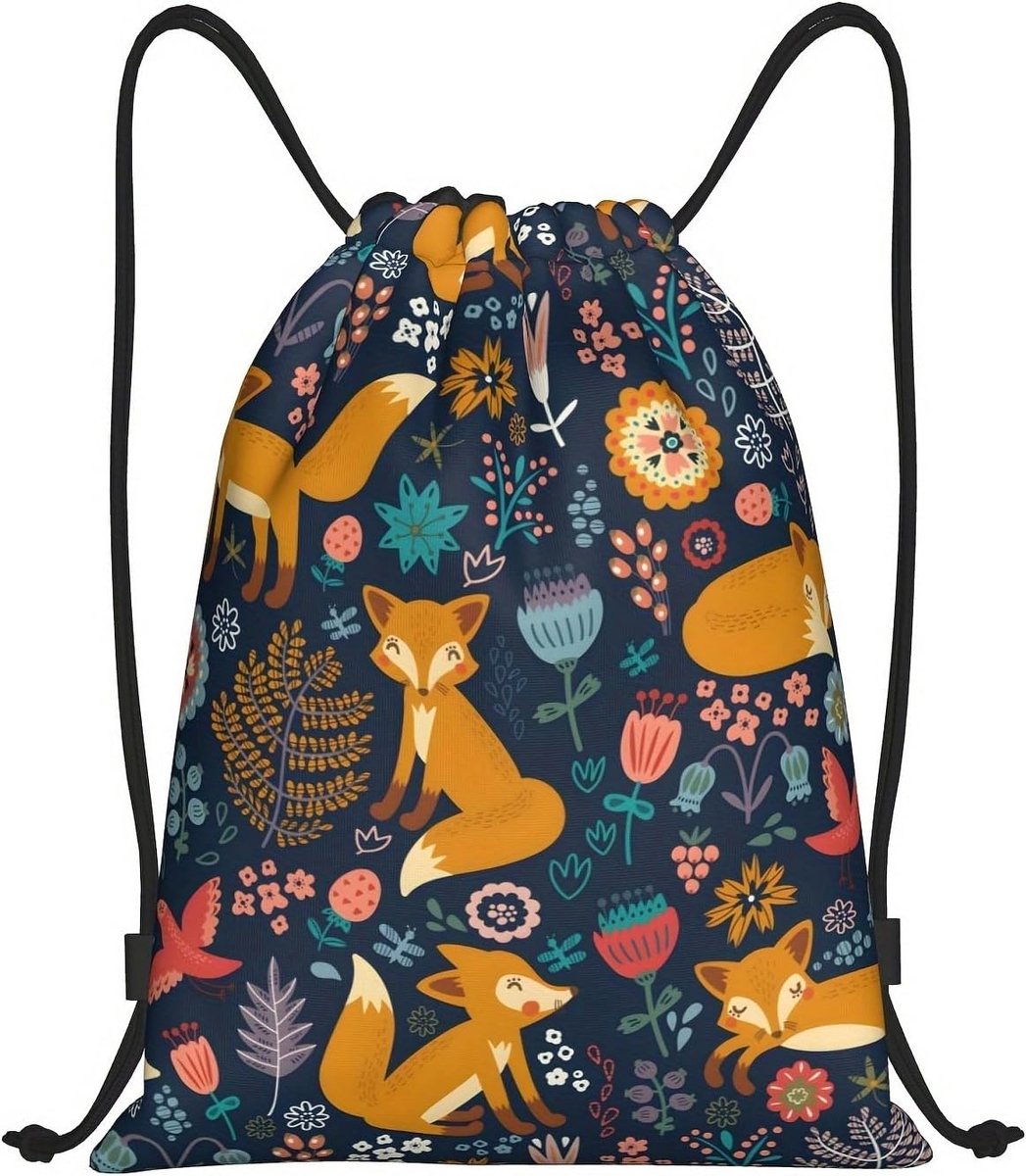 vos Trekkoord Tassen Mooie Bloemmotief Gym Trekkoord Tassen Sport Waterdichte Draw String Terug Cinch Sack Rugzak Tas Voor Mannen Vrouwen, Zwart, Eén maat