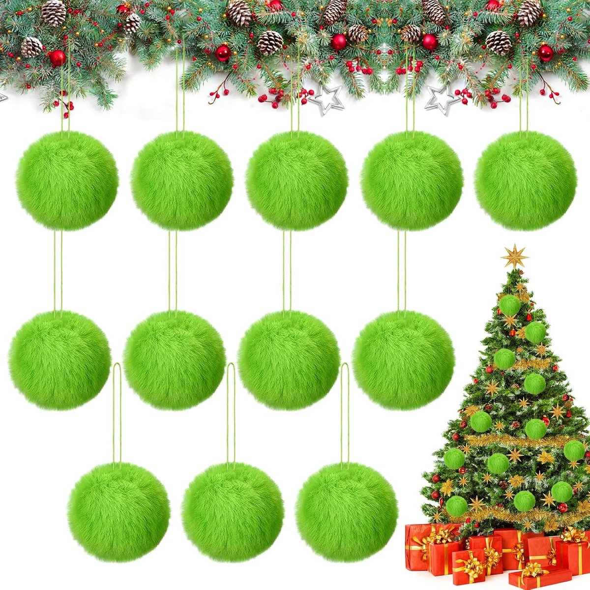 Kerstballen, 12 stuks, kunsthaar, kerstdecoratie, voor open haard, wanddecoratie, doe-het-zelf (groen)