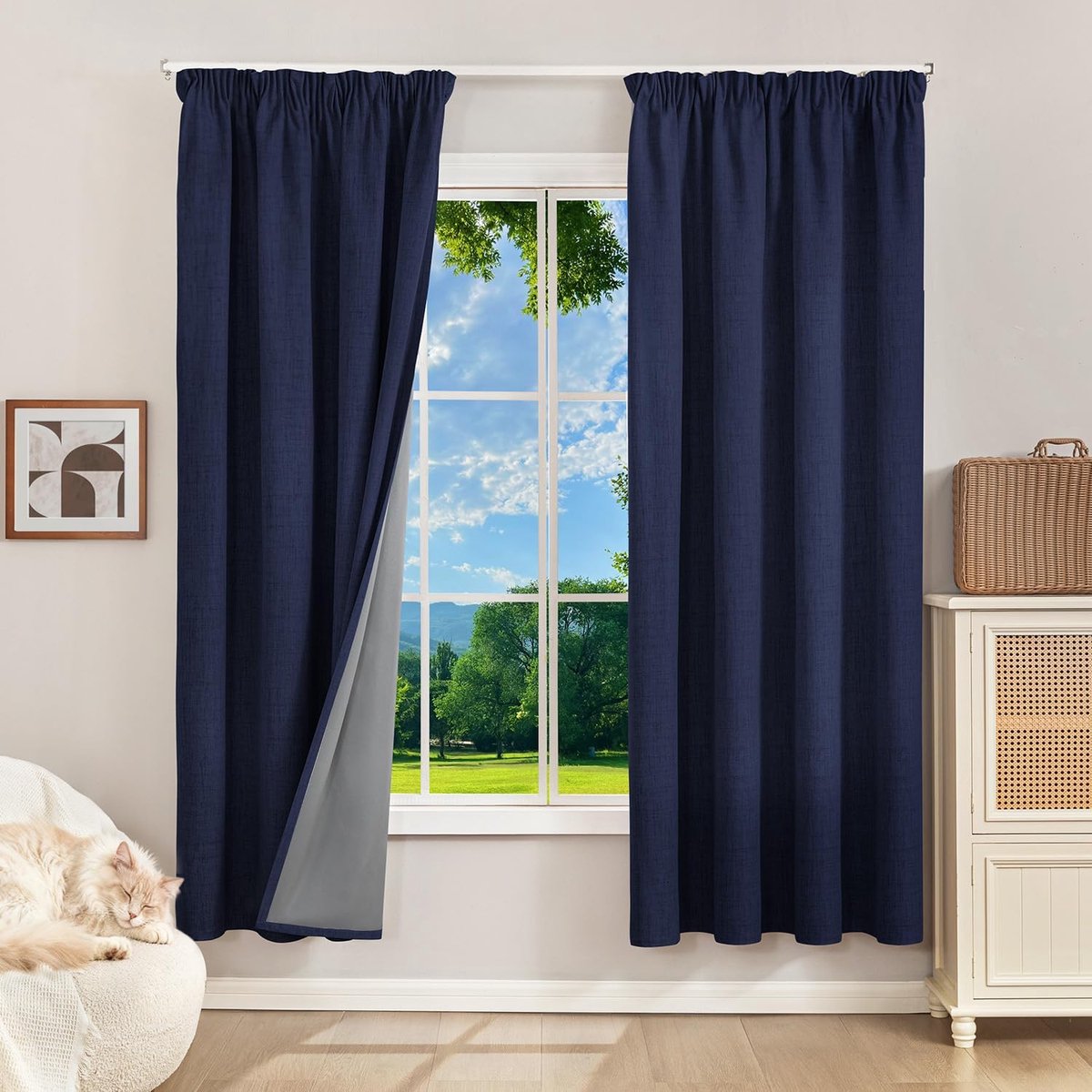 thermogordijnen, koudebescherming, gordijnen met plooiband, 175 x 140 cm (h x b), set van 2 stuks, linnenlook, ondoorzichtig, jeansblauw, schuifgordijnen, woonkamer