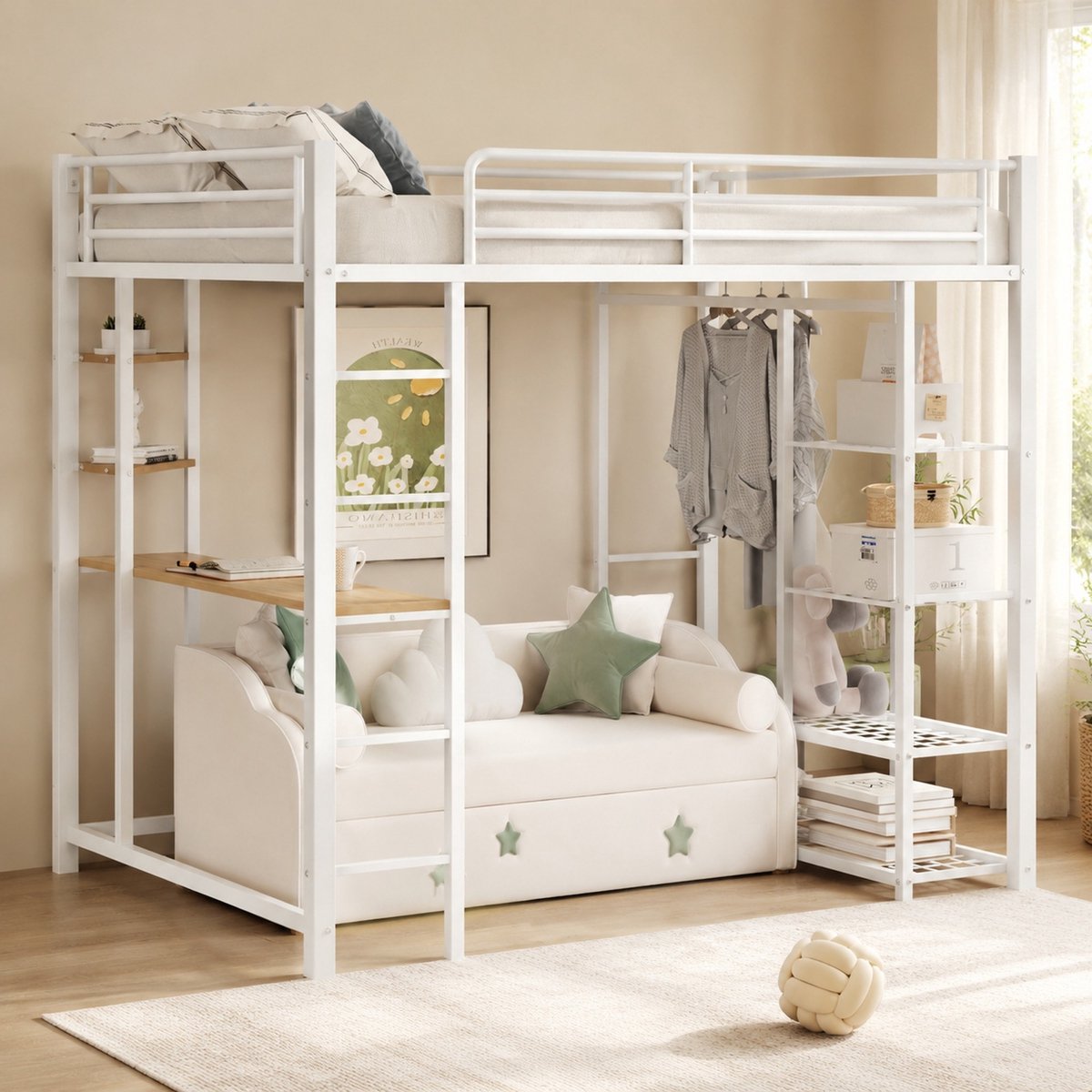 WUVRIE Hoogslaper 90x200 cm met ladder, bureau en opbergruimte voor kinderkamer, wit