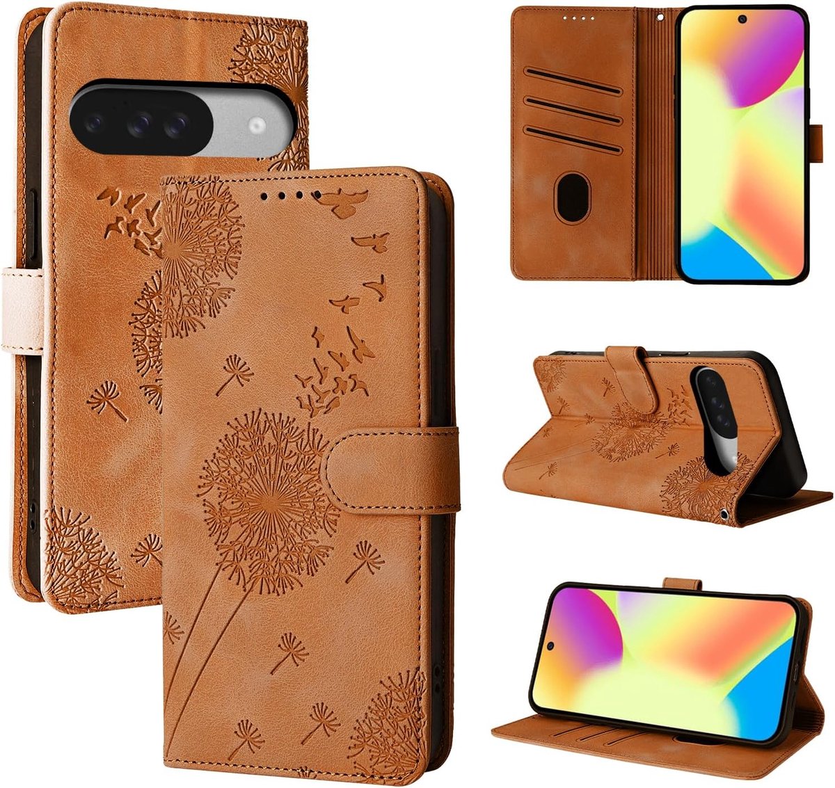 Hoes voor mobiele telefoon voor Google Pixel 10/10 Pro, paardenbloem, PU-leren flip case, portefeuille, tas, hoes, magnetische telefoonhoes voor Google Pixel 10/10 Pro, bruin