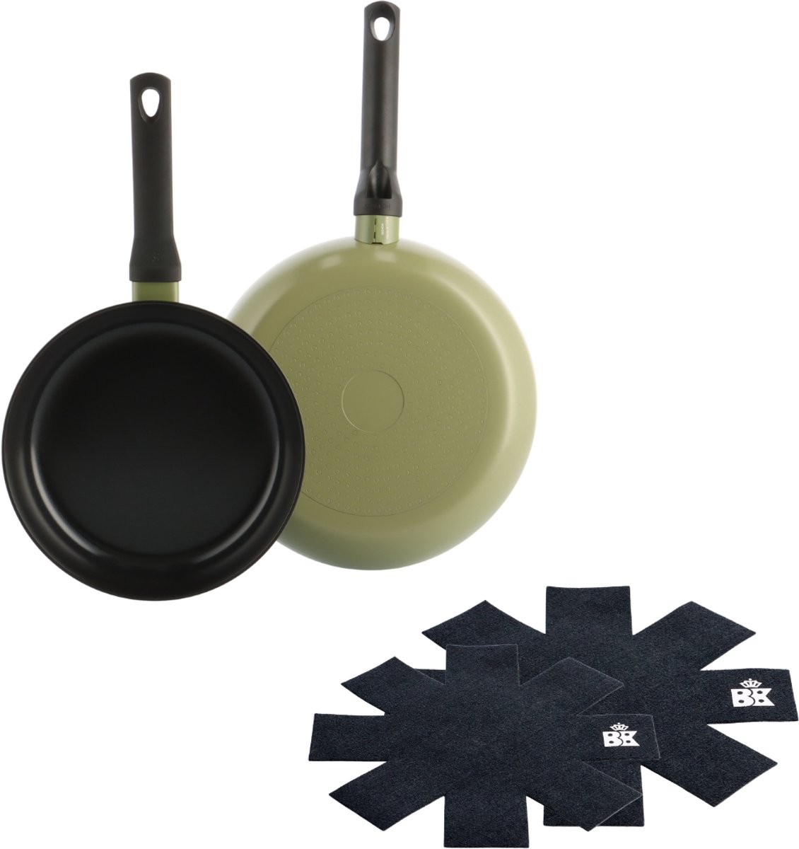 BK Enjoy Koekenpannenset 2 delig - 24/28cm - PFAS-vrije antikleeflaag - Pannenset inductie - Keramische pan - Ovenbestendig tot 160°C - Koudgrepen - Met Pan protectors - Olijfgroen