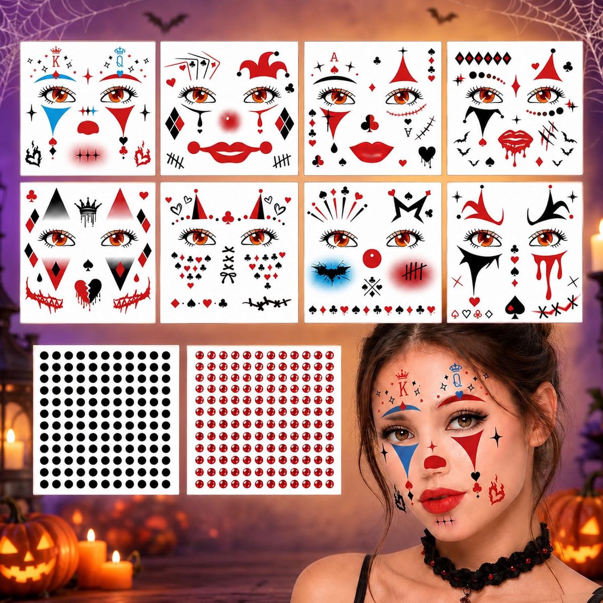 Tattoo gezicht 8 vellen + 2 glitterstenen, Joker gezichtstatoeages