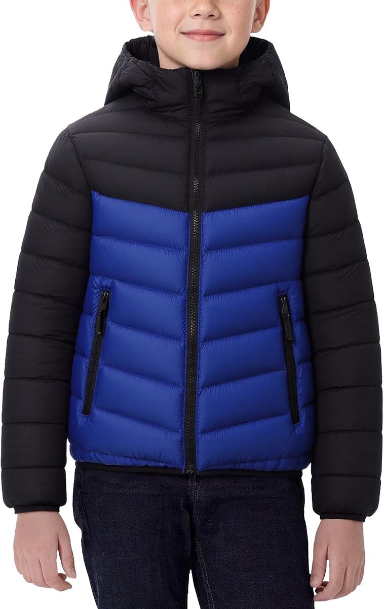 Lichtgewicht donsjack met capuchon, kinderen, jongens, 13 - 14 jaar, gewatteerde jas, kleine tieners, meisjes, winter, warm donsjack, waterdicht, blauw, gevoerde jas, korte buffer, lange mouwen