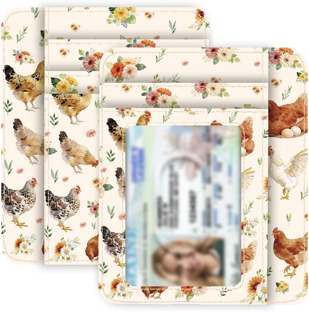 Creditcardhouder Rijbewijs 4,3 x 3,5 inch Dunne Portemonnee met Schattig Dier Kunstleer met Kip en Bloemenpatroon Voorvak voor